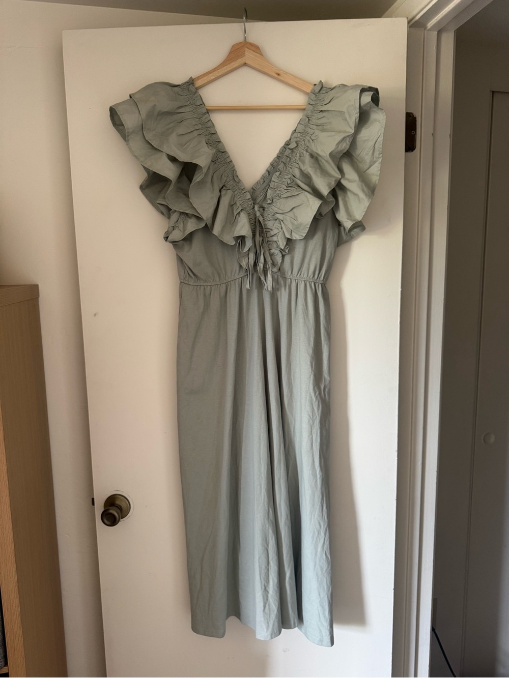 Zara Sage Green Ruffled V-Neck Midi Dress